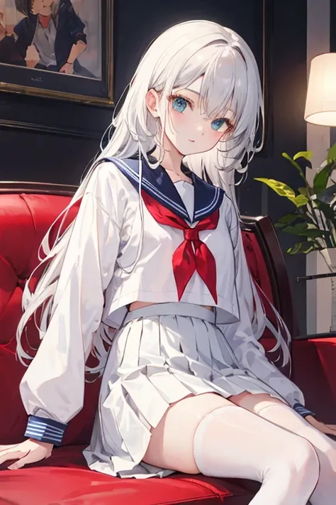 tmasterpiece, Best quality at best, 1 18 year old boy, long whitr hair, liveroom，a sailor suit，Student skirtlack lence stockings，sitting in the couch，详细的脸, perfect body figure，詳細な目, beautidful eyes,looking at viewert，