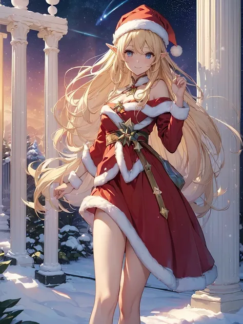 top-quality、Top image quality、​masterpiece、Super beautiful elf beauty((24 year old、Red Santa Costume、Santa Hat、Best Bust、big bast、Bust 90,beautiful blue long ironed hair、a blond、globe、A A sexyは、A slender、a closeup、Esbian、hiquality、Beautiful Art、Background ...