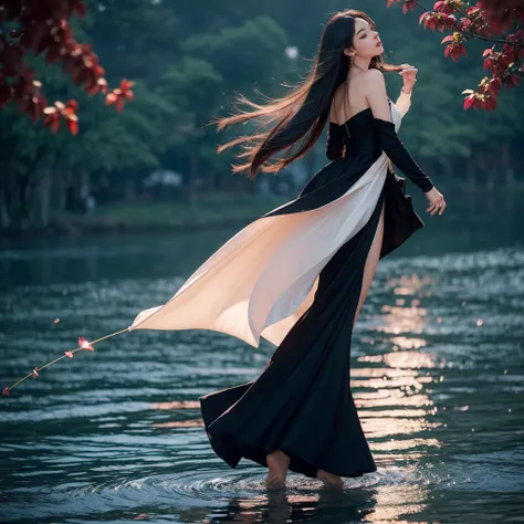 in the darkness of night，A mysterious woman flashed past，She is beautiful，Like a rare perfect slenderness in the world。Her tall and slender figure is like an elegant willow branch，Every step is as light as petals skimming the water。The graceful curves spre...