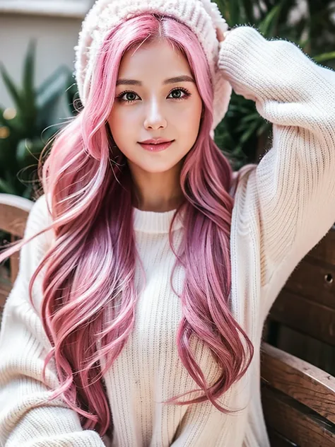 gamer girl, vibrant pink hair, long hair, makeup, winter, relaxing