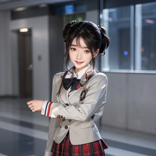 there is a korean girl in a school uniform with black lasso standing in a hallway, black hair, blue eyes, pointed nose, beautiful lips with a perfect smile, realistic ultra details