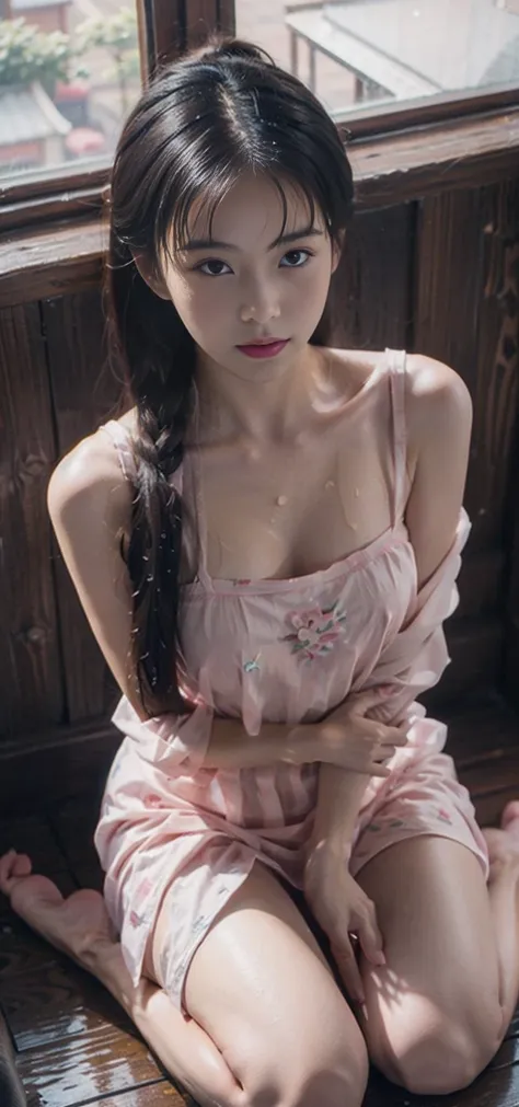 (From a straight above, birds-eye perspective), 1girl, Realistic Chinese pretty teenage girl,16-years old, pink colour Hanfu, erotic, small breast,greasy, knelt on the floor, eye gazing up to the camera, with sweat on body, sweat on breasts,wet body,wet ch...