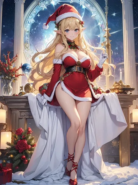 top-quality、Top image quality、​masterpiece、Super beautiful elf beauty((24 year old、Red Santa Costume、Santa Hat、gloves、Best Bust、big bast、Bust 90,beautiful blue long ironed hair、a blond、globe、A A sexyは、A slender、a closeup、Esbian、hiquality、Beautiful Art、Back...