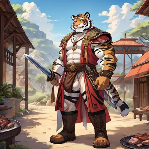 A tiger man，Raise your sword，Meat balls，Less clothes，Detailed character details