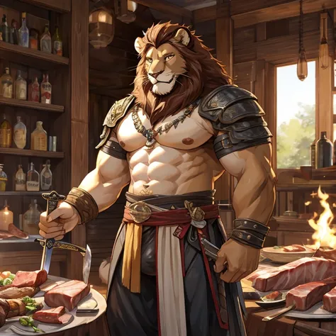 a lion，Raise your sword，Meat balls，Less clothes，Detailed character details