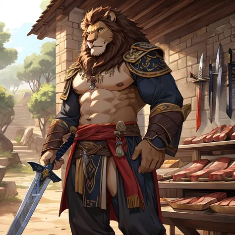 a lion，Raise your sword，Meat balls，Less clothes，Detailed character details