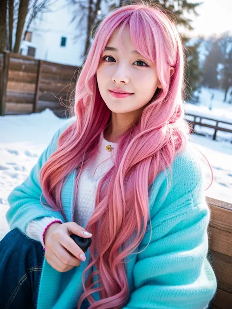 gamer girl, vibrant pink hair, long hair, makeup, winter, home