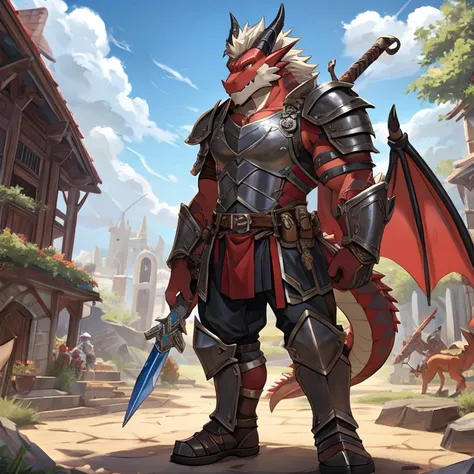 A dragon man，Weapon in hand，Armor，Meat balls，Detailed character details