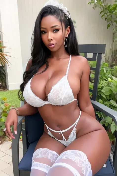 araffes in a white lingerie and garterd up in a chair, angelawhite, vanessa blue, gorgeous woman, stunning woman, beautiful goddess, white lace, lacey, beautiful angle, with brown skin, dark skinned, beautiful city black woman only, dark skin female goddes...