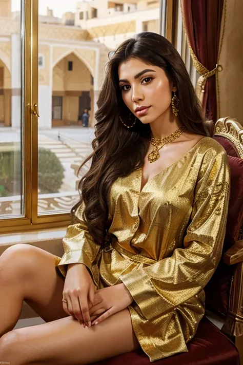 Draw a beautiful young Persian woman with jewelry in national golden clothes with long hair, she sits by the window of the palace.