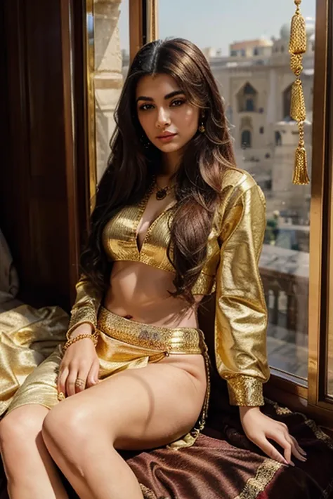 Draw a beautiful young Persian woman with jewelry in national golden clothes with long hair, she sits by the window of the palace.