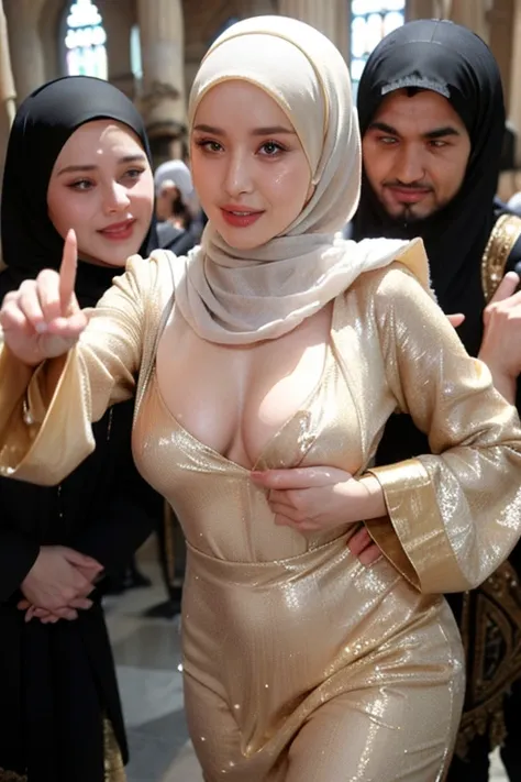 absurd dress, (​masterpiece、top-quality、8K ), intricate detailes,ultra-detailliert、1 Beautiful Arab Woman、(((Ancient Arab national costumes, hijab:1.4))),veils、Realistic limbs、sexy tall posture, plump body, Arabian Market、full make up, Hyper realistic, Per...