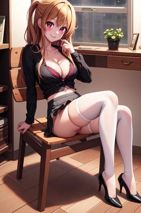 anime, beautiful face, highly detailed face, 2 accurate legs detailed eyes, highly detailed background, perfect lighting, accurate arms, accurate hands, accurate fingers, full body, 1girl, solo, ruby hoshino, oshi no ko, indoors, detailed heels, black deta...