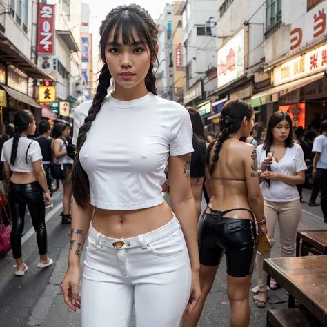 Beautiful girl, half Thai-Japanese face, super model figure, hands and feet have beautiful details. Wear a thin white shirt Black low-waisted leather pants Standing on a crowded Thai street, she has tanned skin, braids, bangs, and red lipstick on her lips....