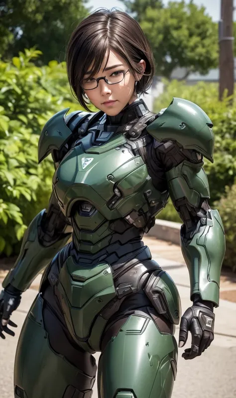 Textured skin, Super Detail, high details, High quality, Best Quality, hight resolution, 1080p, hard disk, Beautiful,(War Machine),beautiful cyborg woman,Dark Green Mecha Cyborg Girl,battleing,Girl with a Mecha Body,、Junior high school girls　Very Shorthair...