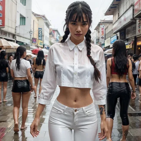 Beautiful girl, half Thai-Japanese face, super model figure, hands and feet have beautiful details. Wear a thin white shirt Black low-waisted leather pants Standing on a crowded Thai street, she has tanned skin, braids, bangs, and red lipstick on her lips....