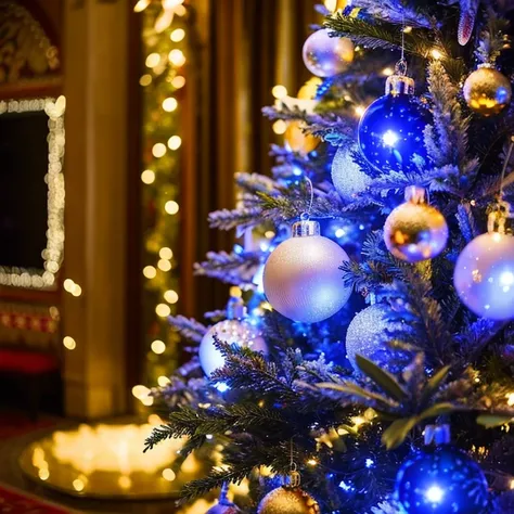 Christmas tree　blue lights　hotel　a gorgeous　dazzling　ornate　flower bouquet　A church can be seen nearby