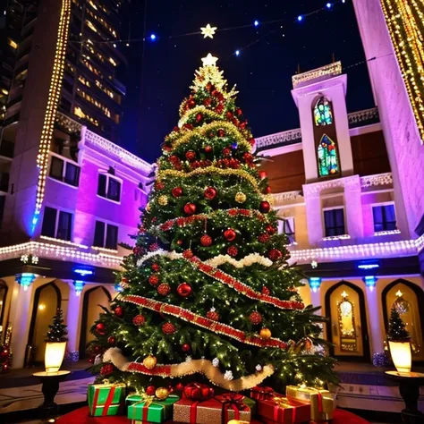 Christmas tree　blue lights　hotel　a gorgeous　dazzling　ornate　flower bouquet　A church can be seen nearby