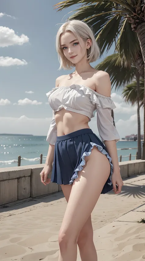 24-year-old Caucasian woman、hair is platinum blonde、Eye color is blue、Medium hair、Slender but well-proportioned muscular man、She is wearing an off-shoulder top with frilly frills.、She is wearing a low-rise pleated skirt.、wearing sports shoes、I&#39;m at the...