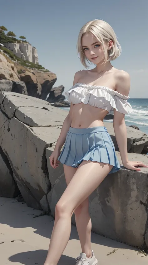 24-year-old Caucasian woman、hair is platinum blonde、Eye color is blue、Medium hair、Slender but well-proportioned muscular man、She is wearing an off-shoulder top with frilly frills.、She is wearing a low-rise pleated skirt.、wearing sports shoes、I&#39;m at the...