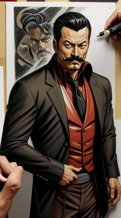 50 years old，hidetoshi nakata ，（kogoro mouri 1.3), man in kraven outfit, tong, mustache, little beard, kraven jacket marvel, sho...