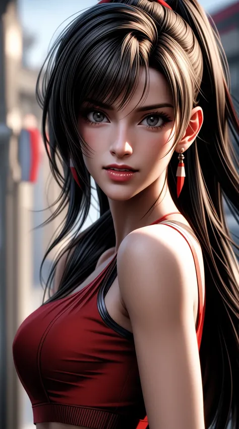 a close up of a woman in a red top and red shorts, tifa lockhart portrait, seductive tifa lockhart portrait, portrait of tifa lockhart, tifa lockhart, tifa, tifa lockheart, 3 d render character art 8 k, artgerm ; 3d unreal engine, glamorous tifa lockheart,...