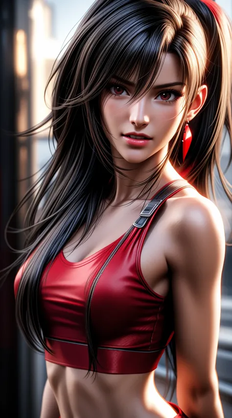 a close up of a woman in a red top and red shorts, tifa lockhart portrait, seductive tifa lockhart portrait, portrait of tifa lockhart, tifa lockhart, tifa, tifa lockheart, 3 d render character art 8 k, artgerm ; 3d unreal engine, glamorous tifa lockheart,...