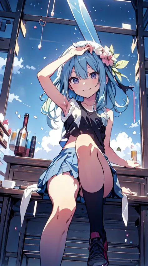 masutepiece, Best Quality,Illustration, Wallpaper, ultra -detail, 1loli、♡、Futomo、Poses in motion、A mischievous smile、Tank Tops、a short skirt、Viewpoint looking up from the bottom、cross ones legs