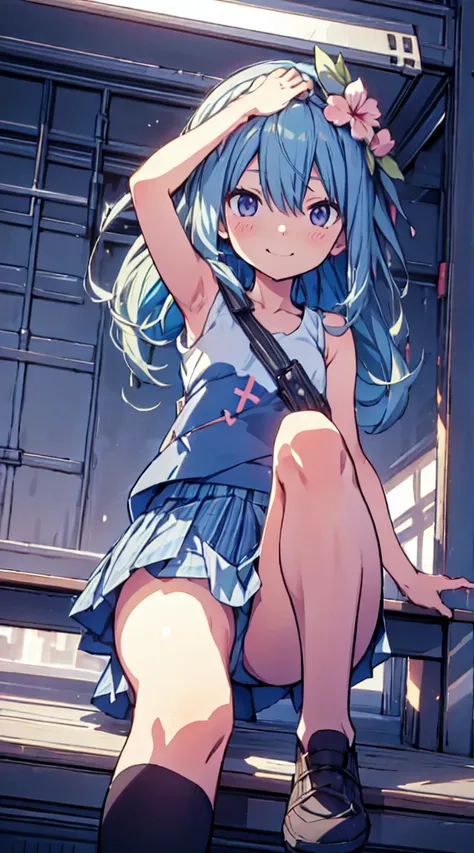 masutepiece, Best Quality,Illustration, Wallpaper, ultra -detail, 1loli、♡、Futomo、Poses in motion、A mischievous smile、Tank Tops、a short skirt、Viewpoint looking up from the bottom、cross ones legs