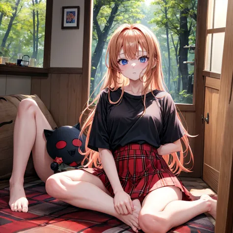 red blonde、blue eyess、one good looking girl、独奏、animesque、Plaid miniskirt、Black T-shirt、camisole、the woods、Sunlight、inside in room、sitting on、has a blanket over his head、bare-legged,