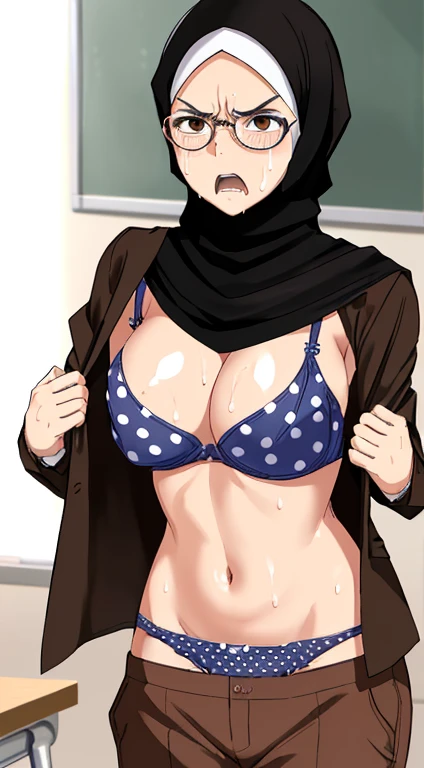 Photo of a milf asian female teacher with saggy breasts, (((undressing))) in front of classroom, 40yo, busty body, tall body, tanned skin, dimples, light, detailed face, embarrassed face, ((looking disgusted)), ((very angry)), (dissapointed),open mout, (sc...