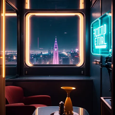 4k image from a 1960s science fiction film by Wes Anderson, Filme O Grande Hotel Budapeste, pastels colors, a retro window design, seen from inside a room from the inside out, an big city neon colors through a window at night, big city retro futuristic neo...