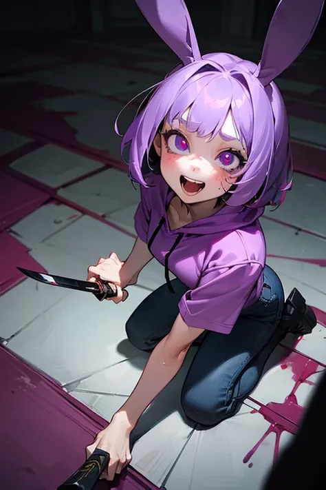 ((Masterpiece)), (high definition:1.professional photo of a:1.2), 8K, From directly above, wideshot, Realistic, Textured skin, cinematic lightweight medium bob), (purple colored hair), (put on black bunny ears), Oversized pink hoodie, bloody, Ripped short ...