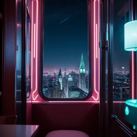 4k image from a 1960s science fiction film by Wes Anderson, Filme O Grande Hotel Budapeste, pastels colors, a retro window design, seen from inside a room from the inside out, an big city neon colors through a window at night, big city retro futuristic neo...