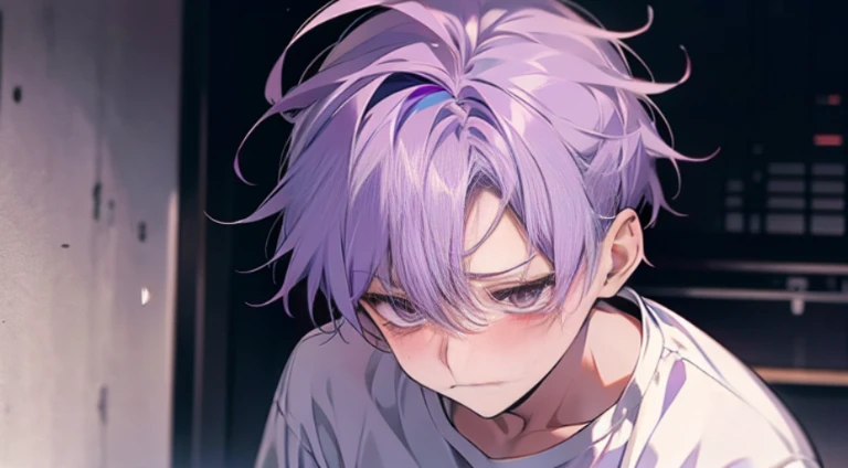 (Stylized as anime+soft cute)male child、purple hair、white  shirt、Saddened+cry、