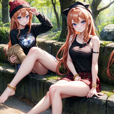 red blonde、blue eyess、one good looking girl、独奏、animesque、Plaid miniskirt、Black T-shirt、camisole、the woods、Sunlight、sitting on、Wearing a knitted hat、bare-legged、cute bracelet、shaking my head