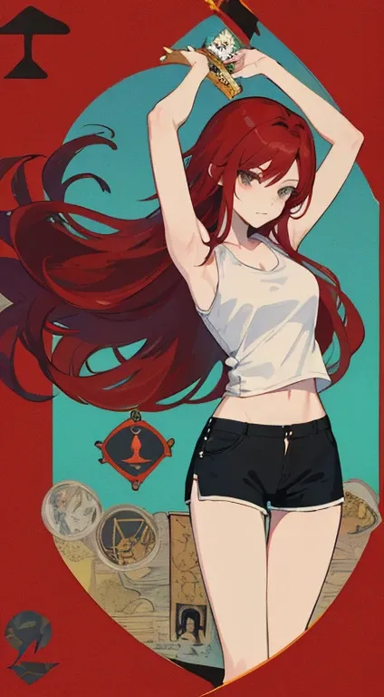 1mature woman, (red hair, long hair), white tank top, short  black shorts, (make it like tarot anime-style but no frame)