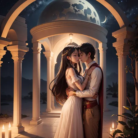 A romantic villa with an atmosphere reminiscent of the Arabian Nights.、There is a garden with luxurious decorations and roses.。ina、Rin々A tall young man and a cute little girl are happily hugging each other.。pure、A crescent moon and a galaxy shine in the ni...