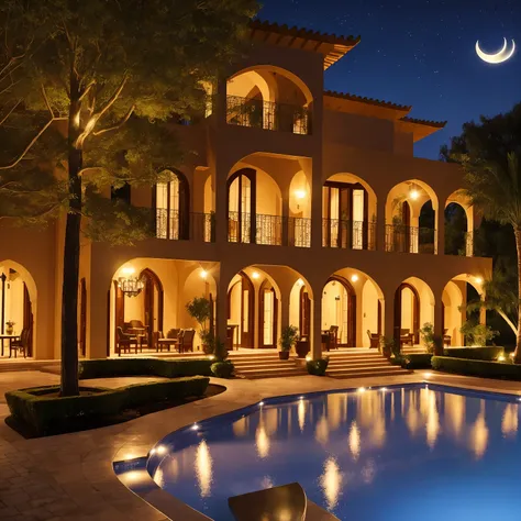 A romantic villa with an atmosphere reminiscent of the Arabian Nights.、There is a garden with luxurious decorations and roses.。ina、Rin々A tall young man and a cute little girl are happily hugging each other.。pure、A crescent moon and a galaxy shine in the ni...