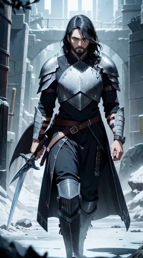 of a guy, warriors, dirty black hair and beard, dark fantacy, Detailed black armor, big sword