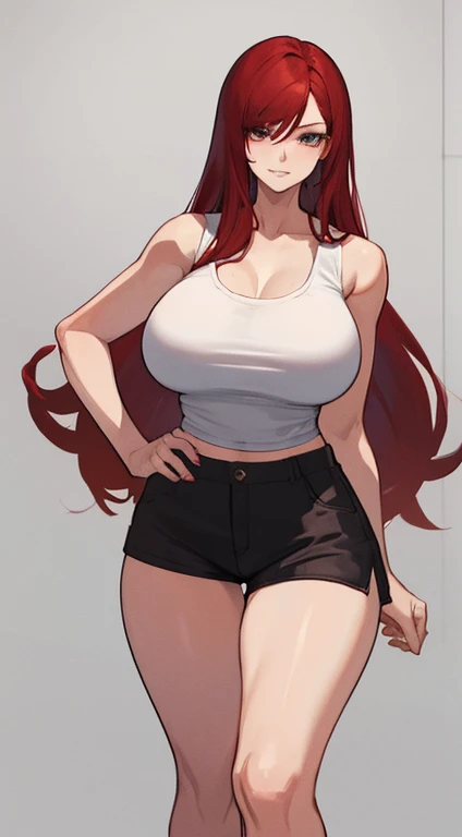 1mature woman, (red hair, long hair), (sexy short white tank top), short black shorts, huge breasts, nice hips, sexy thighs