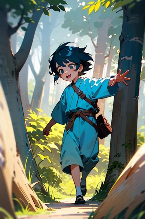 There was a little boy playing in the woods, lovely digital painting, expressing joy. author：krenz cushart, artstation for kids art, Happy kids, Enjoy a walk in the forest, inspirado em Goro Fujita, by Yeong-Hao Han, Nam Jae-yeon, inspired by Yeong-Hao Han...