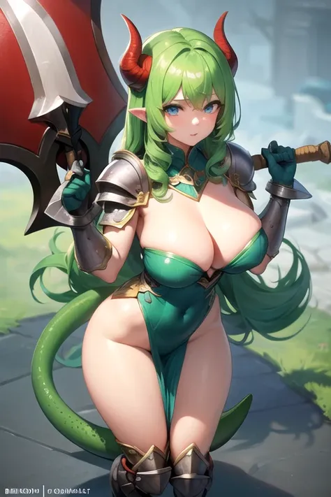 masterpiece, best quality, 1girl, detailed face, full body, lizardman girl, blue scales on the body, green hair, long and curly green hair, blue eyes, big boobs, sexy armor , holding axe, green tail, green horns