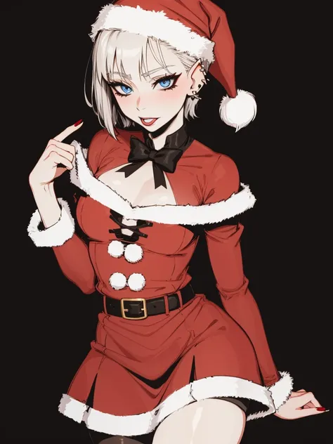 Santa goth girl, ear piercing, goth, gothic, sexy, christmas outfit, pale skin, pale blue eyes, short hair