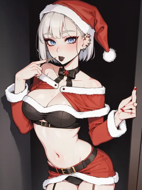 Santa goth girl, ear piercing, goth, gothic, sexy, christmas outfit, pale skin, pale blue eyes, short hair