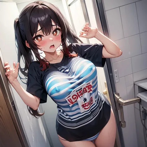 T-shirt oversized, ahegao, blush, wet, white Stripe blue striped panties, see through, nipple, sad, Toddler, full body, bathroom