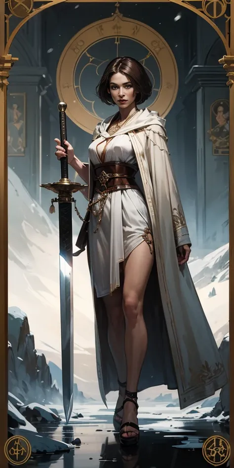 full body, 1 child female, tarot cards, heavy snowy，arma， halter， Weapons of the future， 32K, Linen cloak, Top quality, Masterpiece:Faust，, short detailed hair， thin fog， tmasterpiece，k hd，hyper HD，16k,clutching a sword， Tarot elements， Reflectorloods， Eas...