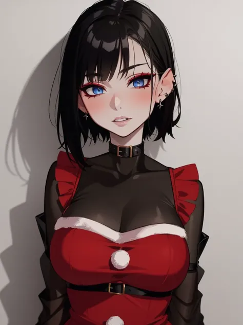 Santa goth milf, ear piercing, goth, gothic, sexy, christmas outfit, pale skin, pale blue eyes, short hair, black hair