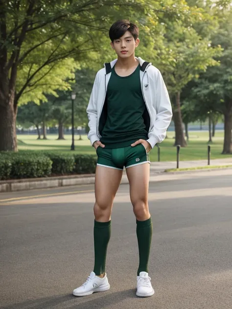 16 years old teenagers , very young , light-skin , wearing an dark green sexy underwear, tmasterpiece，k hd，the feet，Transparent sports vest，semi transparent，black long socks，The barefoot , green colour , handsome and cute , extreme cute boy , white skin , ...