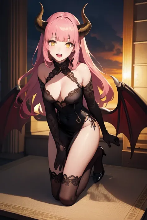 8k, 4k, intricate details, cinematic lighting, stunning environment, ornate, (realistic:1.1), detailed face, detailed eyes, detailed shadows, 1girl, bangs, blunt bangs, breasts, brown hair, closed mouth, cloud, demon girl, demon wings, horns, lesserimp, lo...